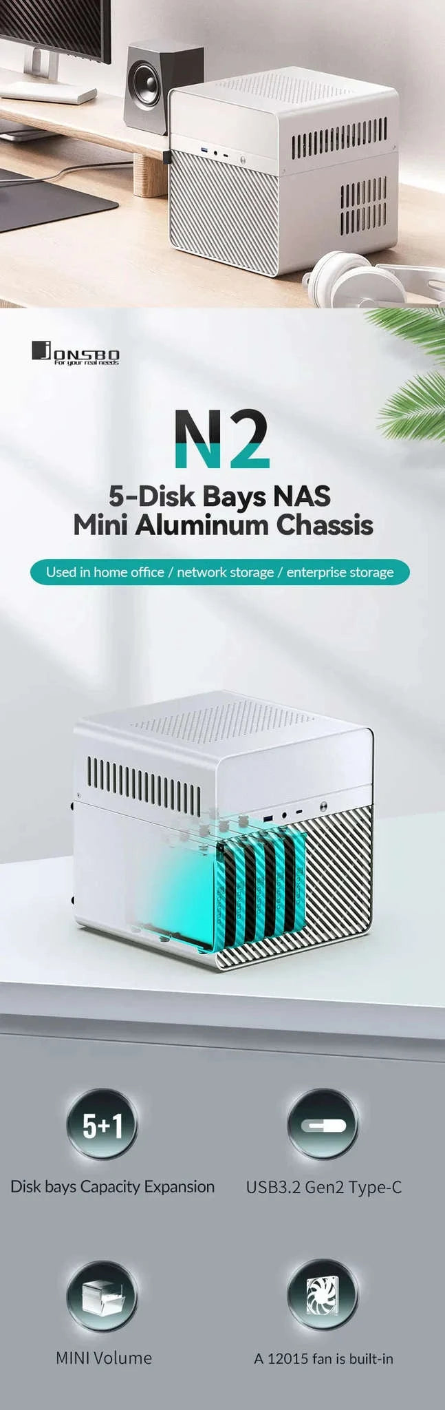 JONSBO N2 Mini ITX NAS Case with 5 Hot-Swap Bays and SFX Support-White