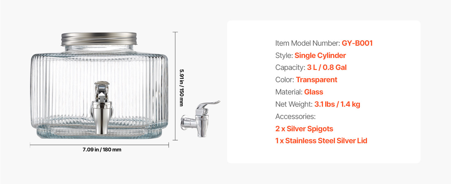 3L glas drikkedispenser med drypfri hane og låg