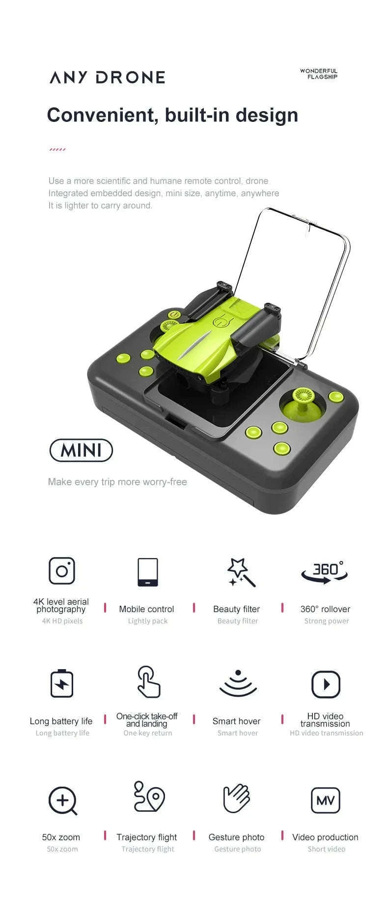 K10 Pocket 8K HD FPV Camera Drone with Visual Avoidance-Green no camera