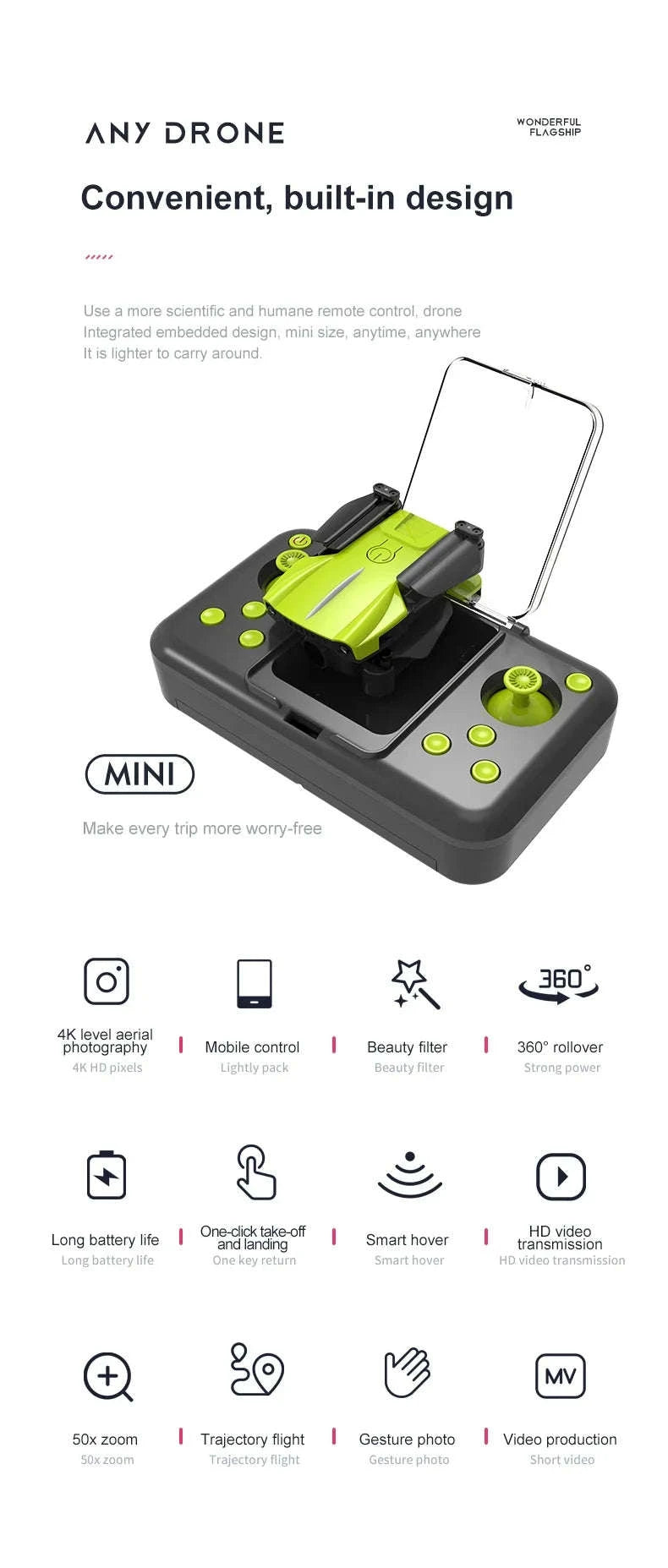 K10 Pocket 8K HD FPV Camera Drone with Visual Avoidance-Green no camera