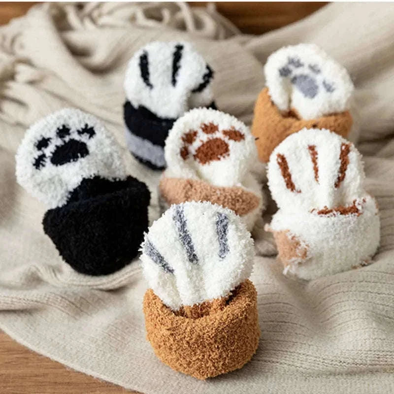 Kawaii Cartoon White Fleece Socks for Women with Paw Prints-2