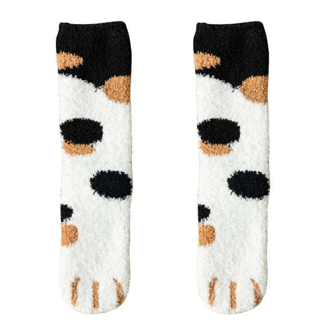 Kawaii Cartoon White Fleece Socks for Women with Paw Prints-2
