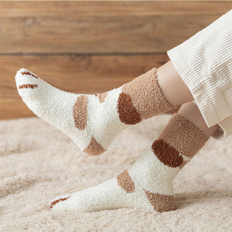 Kawaii Cartoon White Fleece Socks for Women with Paw Prints-2