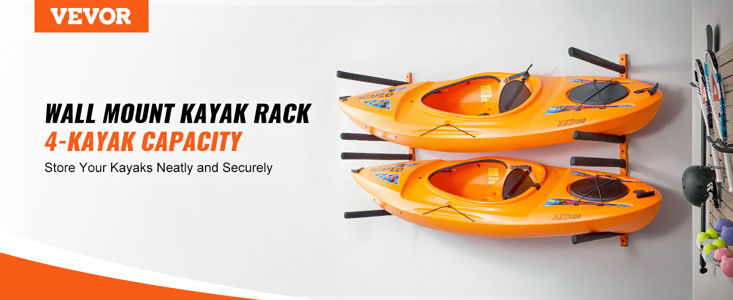 Wall Mounted Kayak Storage Rack 4-Capacity 400 lbs Load