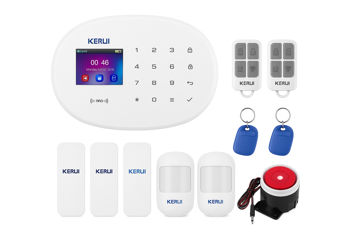 KERUI 433MHz GSM+WiFi Système d'alarme domestique Compatible Tuya Anti-vol Kits d'alarme Batterie intégrée Sirène Capteur PIR