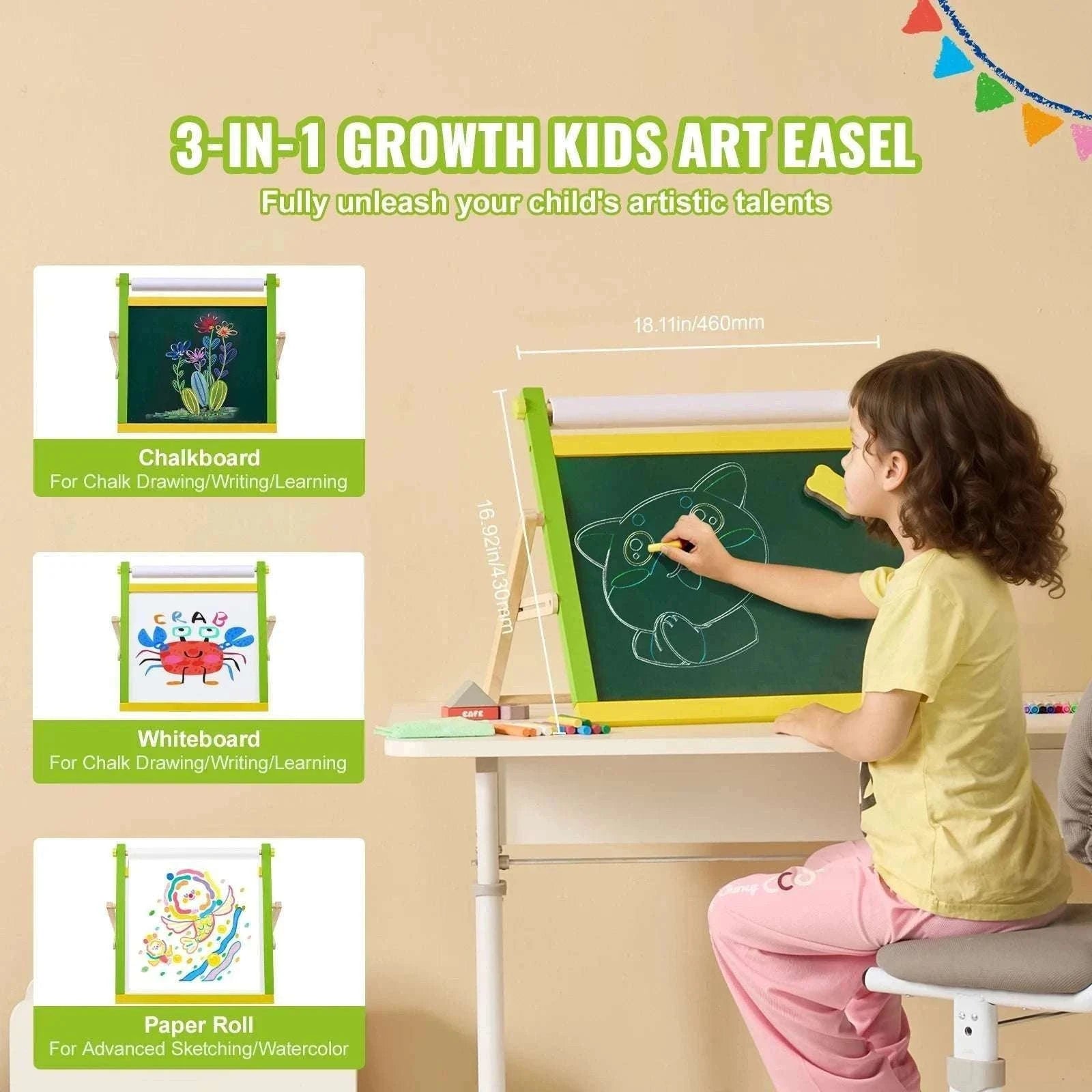 Kids 3-in-1 Double-Sided Magnetic Art Easel Drawing Board Set-