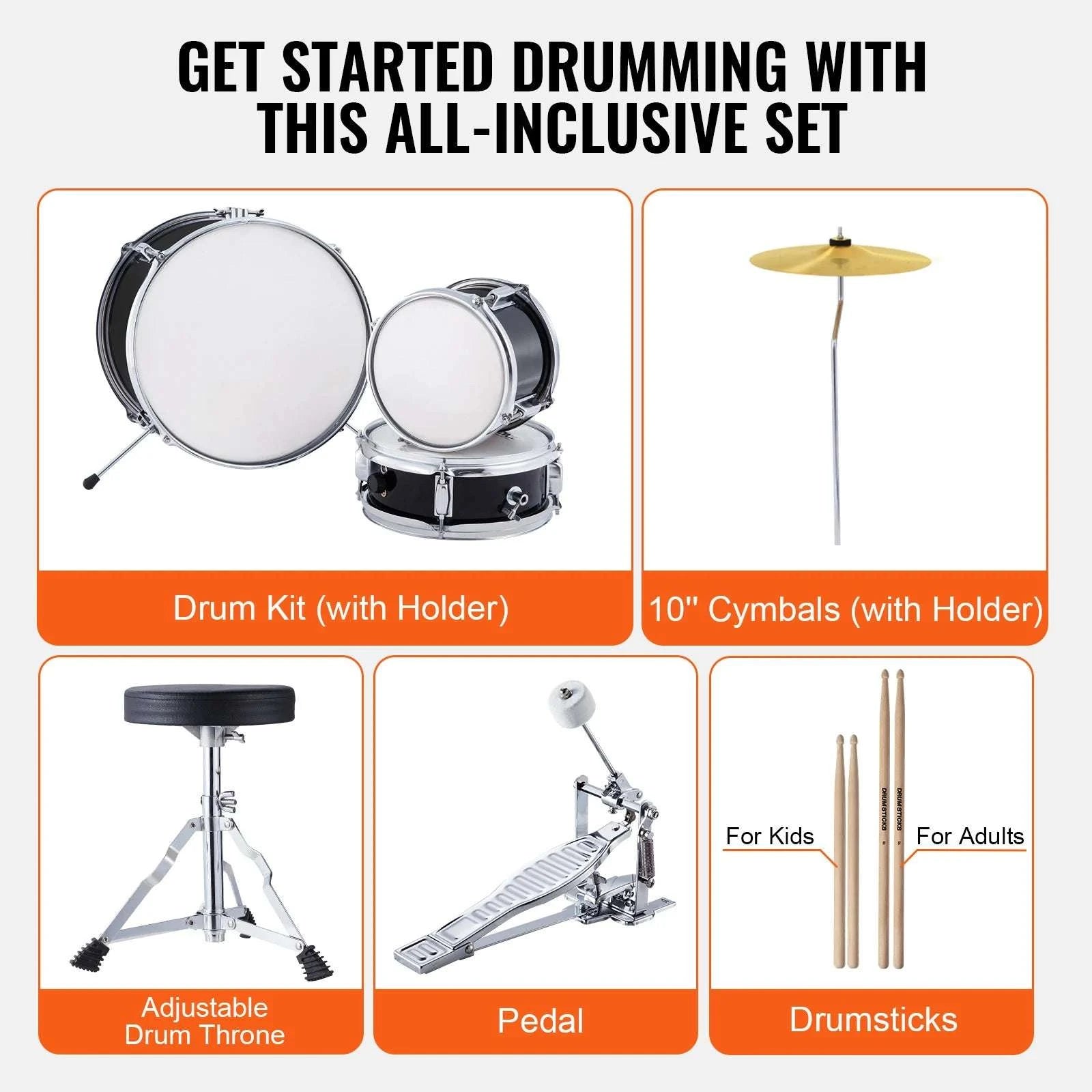 Kids 3-Piece Drum Set with 14" Bass, Adjustable Throne & Cymbal-Blue / United States