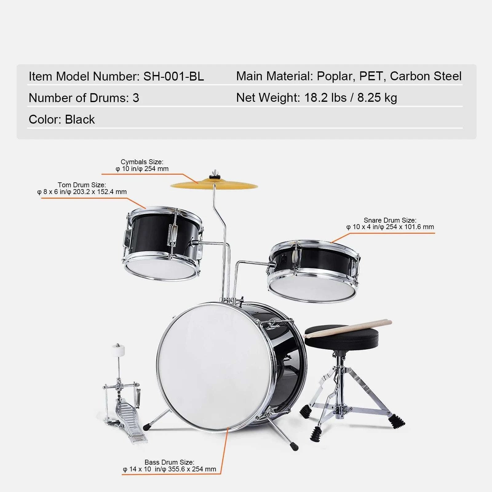 Kids 3-Piece Drum Set with 14" Bass, Adjustable Throne & Cymbal-Blue / United States
