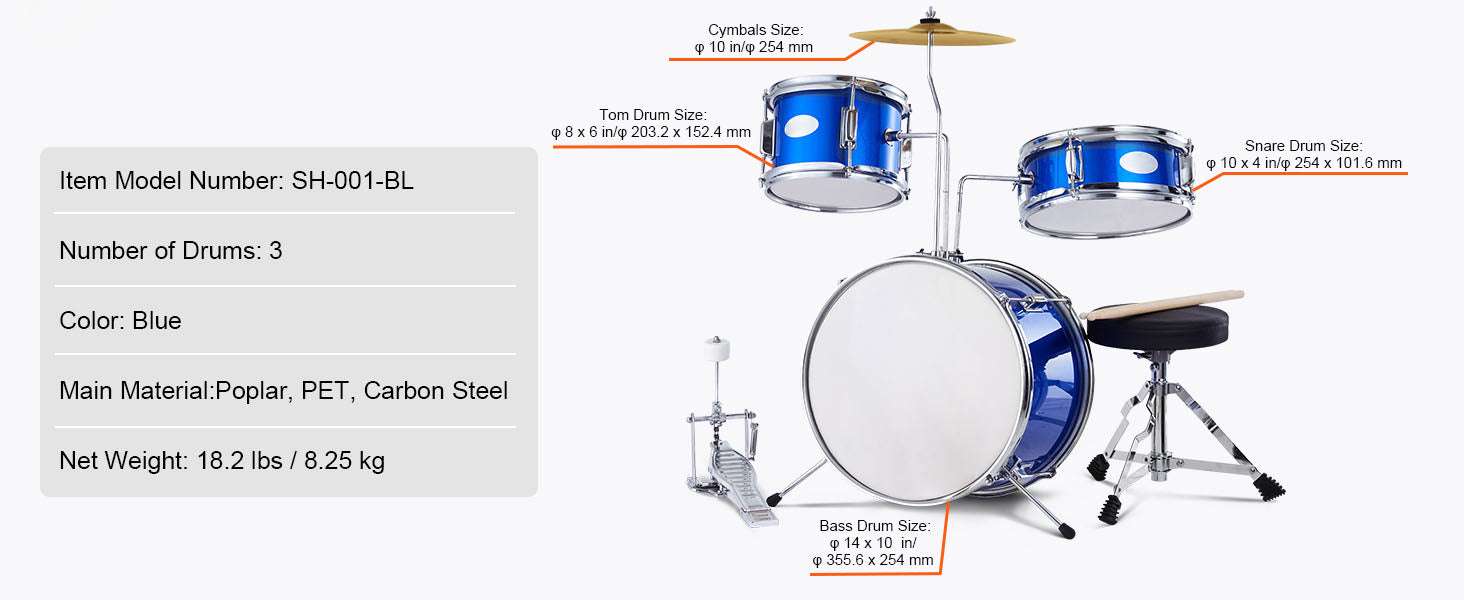 Kids 3-Piece Drum Set with 14" Bass, Adjustable Throne & Cymbal-Blue / United States