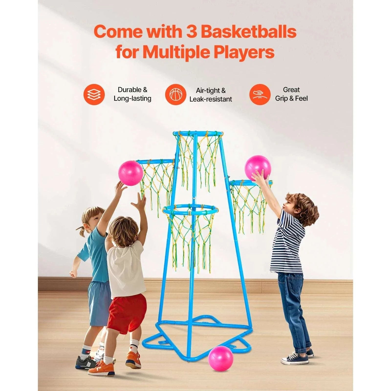 Kids 4-Hoop Basketball Stand with Adjustable Heights & 3 Balls-Blue / france