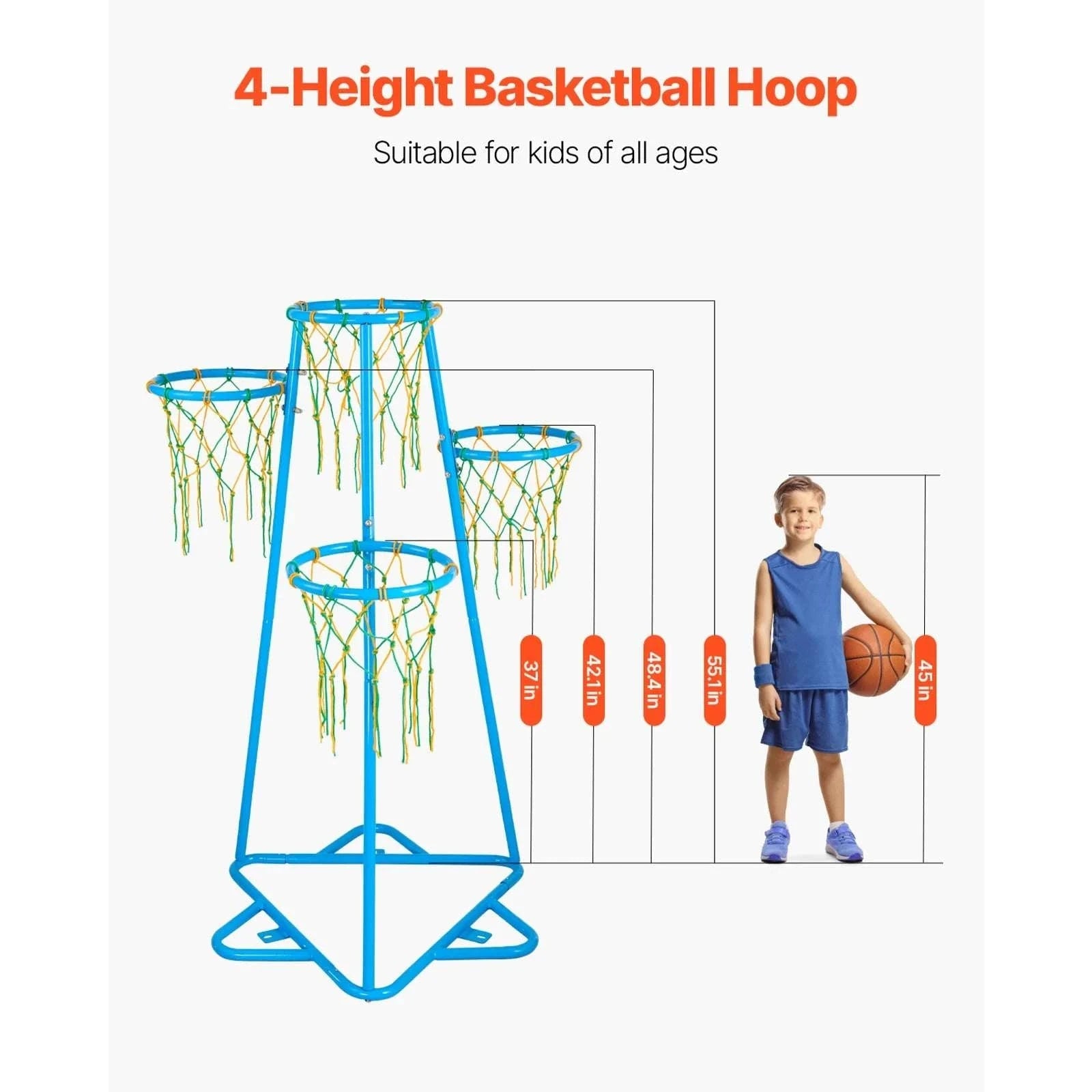 Kids 4-Hoop Basketball Stand with Adjustable Heights & 3 Balls-Blue / france