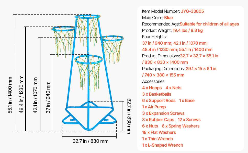 Kids 4-Hoop Basketball Stand with Adjustable Heights & 3 Balls-Blue / france