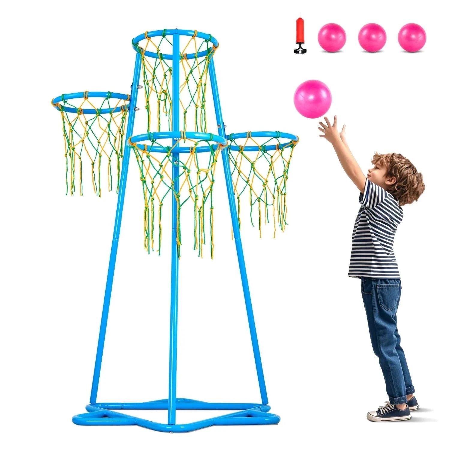 Kids 4-Hoop Basketball Stand with Adjustable Heights & 3 Balls-Blue / france
