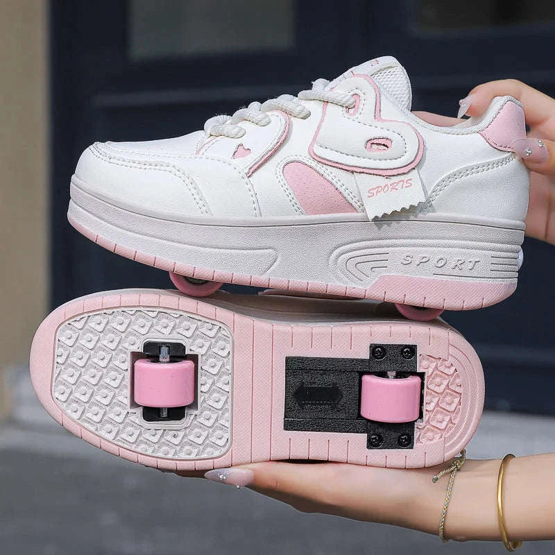 Kids Breathable Roller Shoes with Retractable Wheels Lace-Up Sneakers-CB-9918-baihei / 33