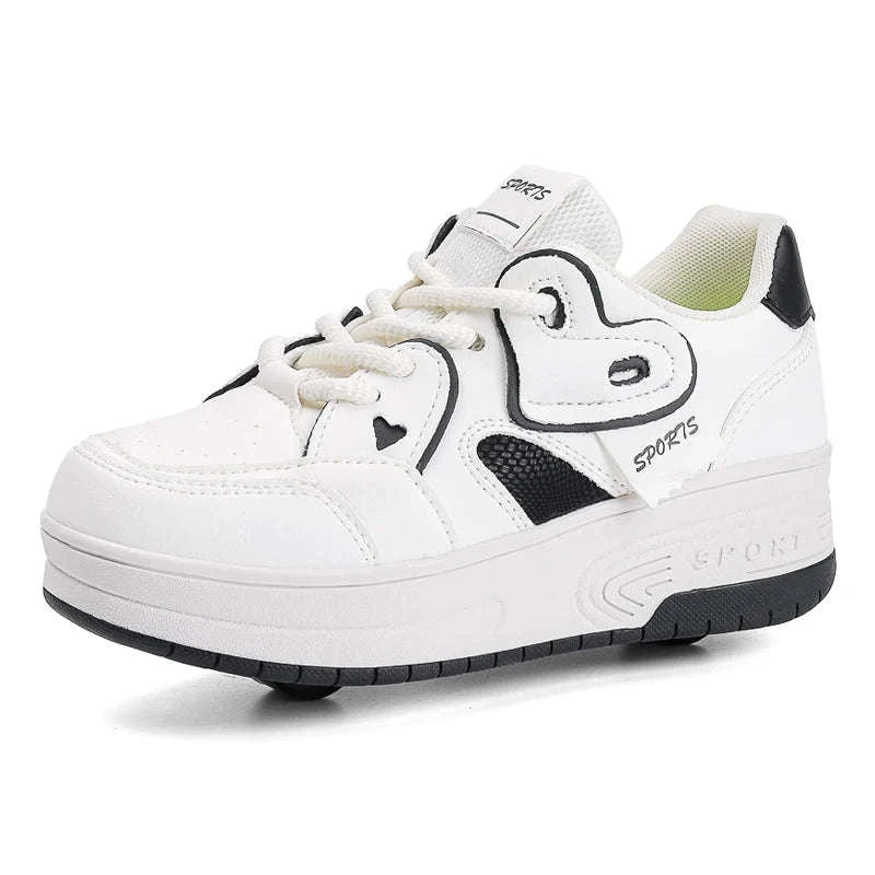 Kids Breathable Roller Shoes with Retractable Wheels Lace-Up Sneakers-CB-9918-baihei / 33