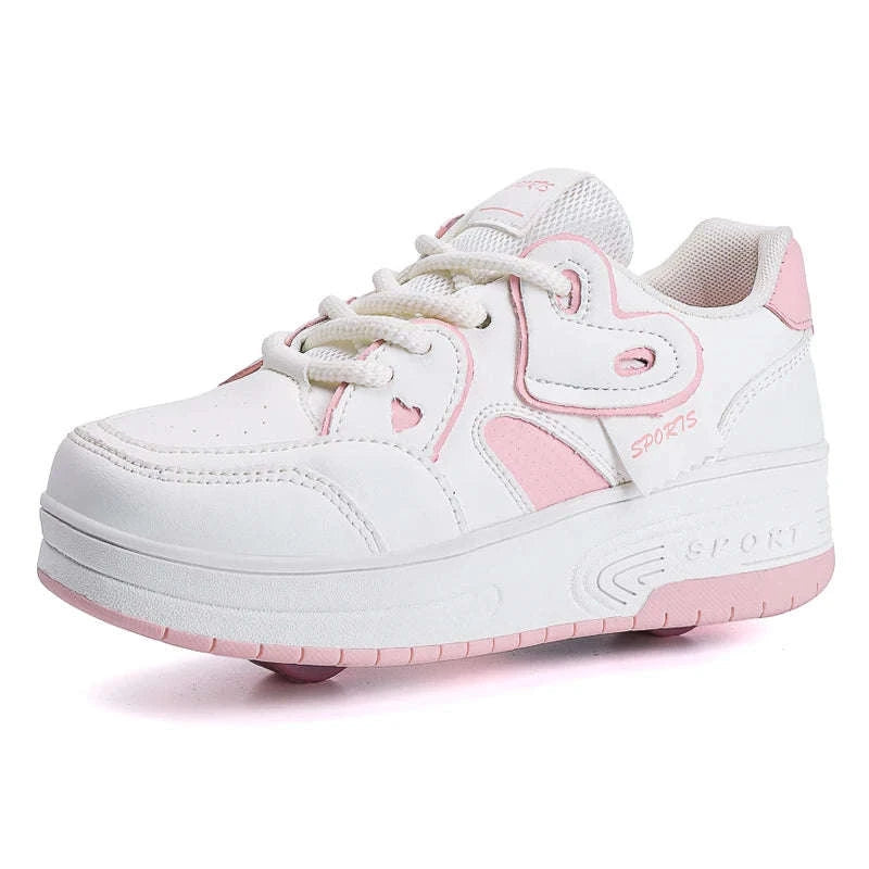 Kids Breathable Roller Shoes with Retractable Wheels Lace-Up Sneakers-CB-9918-baihei / 33