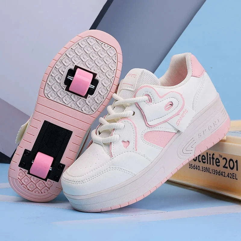 Kids Breathable Roller Shoes with Retractable Wheels Lace-Up Sneakers-CB-9918-baihei / 33