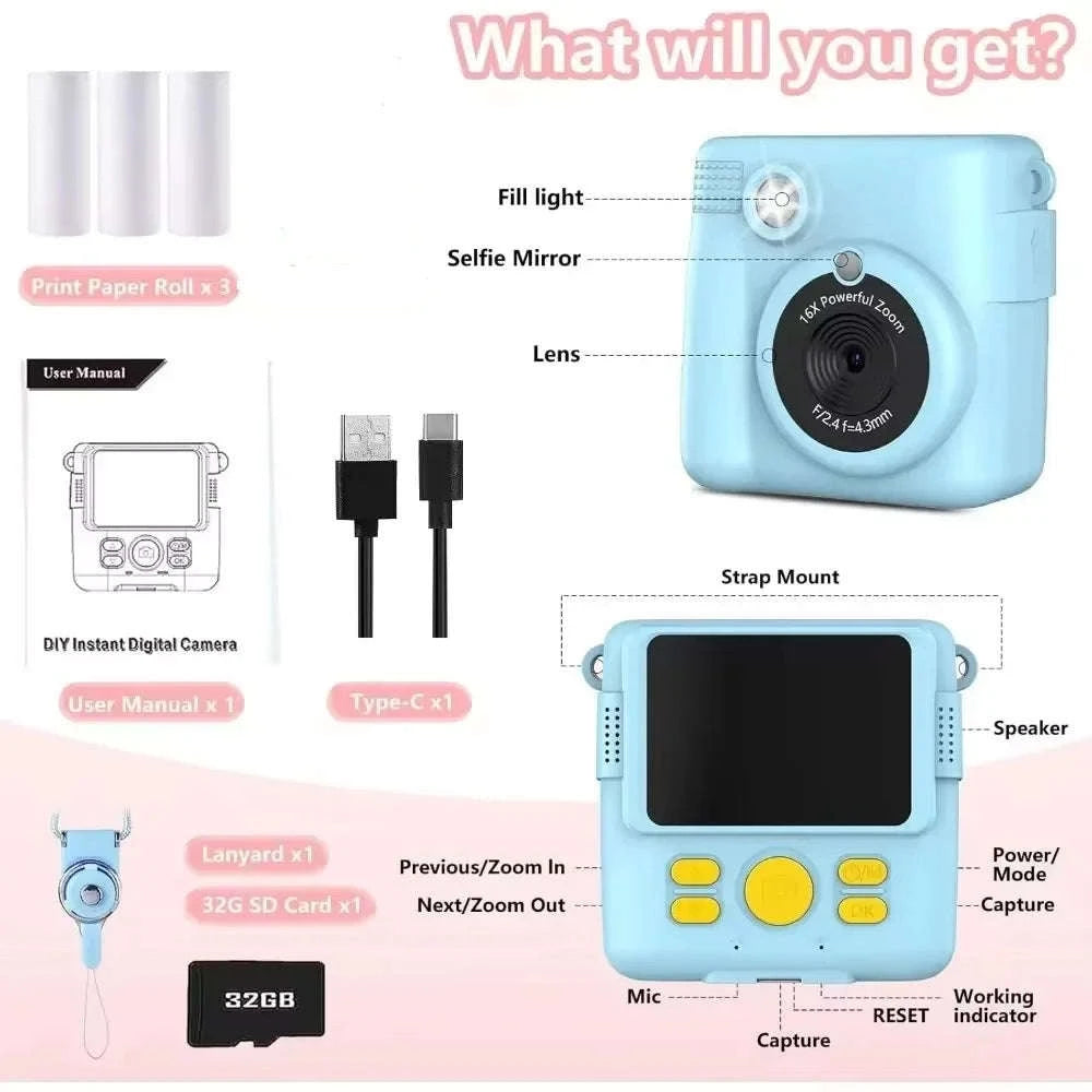 Kids Camera Instant Print with 1080P Video and 32GB Card-ABS681-Blue 32G