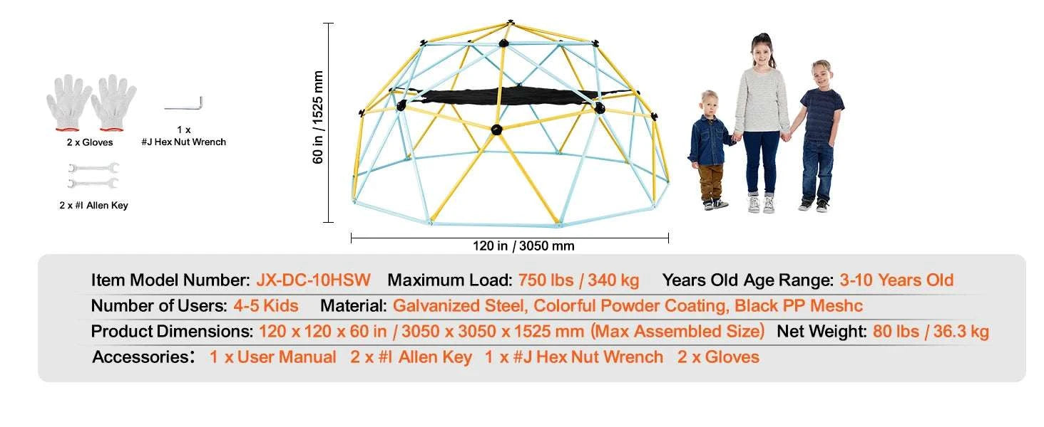Kids Climbing Dome Jungle Gym with Swing & Hammock (6–12FT)-12FT Type A / france