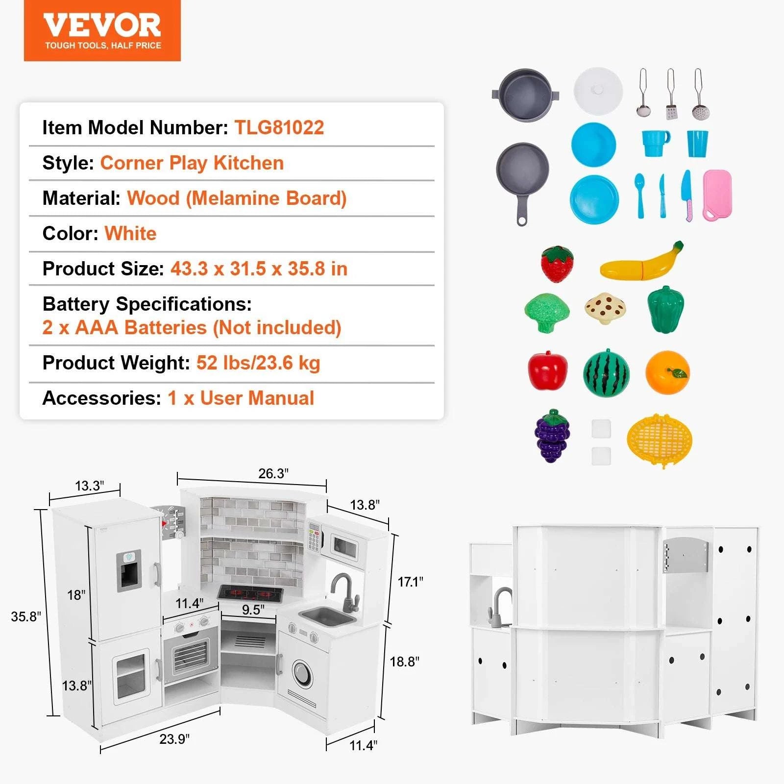 Kids Corner Kitchen Playset with Lights & Sounds and 24 Accessories-white / United States