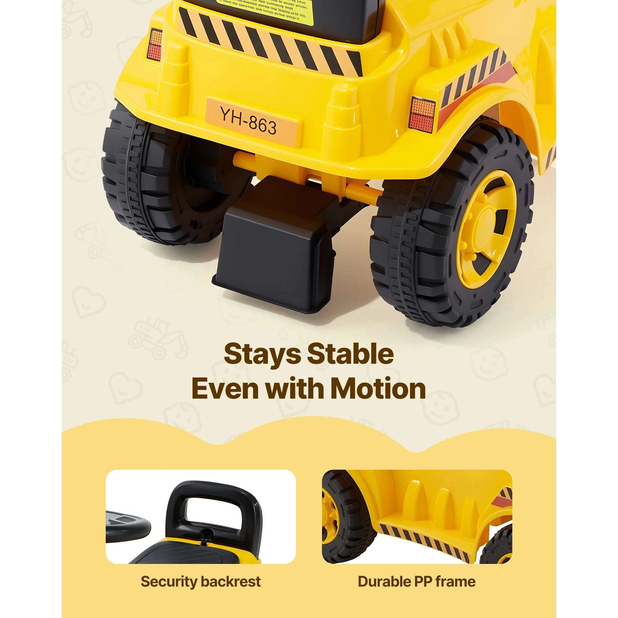 Kids Excavator Ride-On Toy with Music & Helmet Push Car-