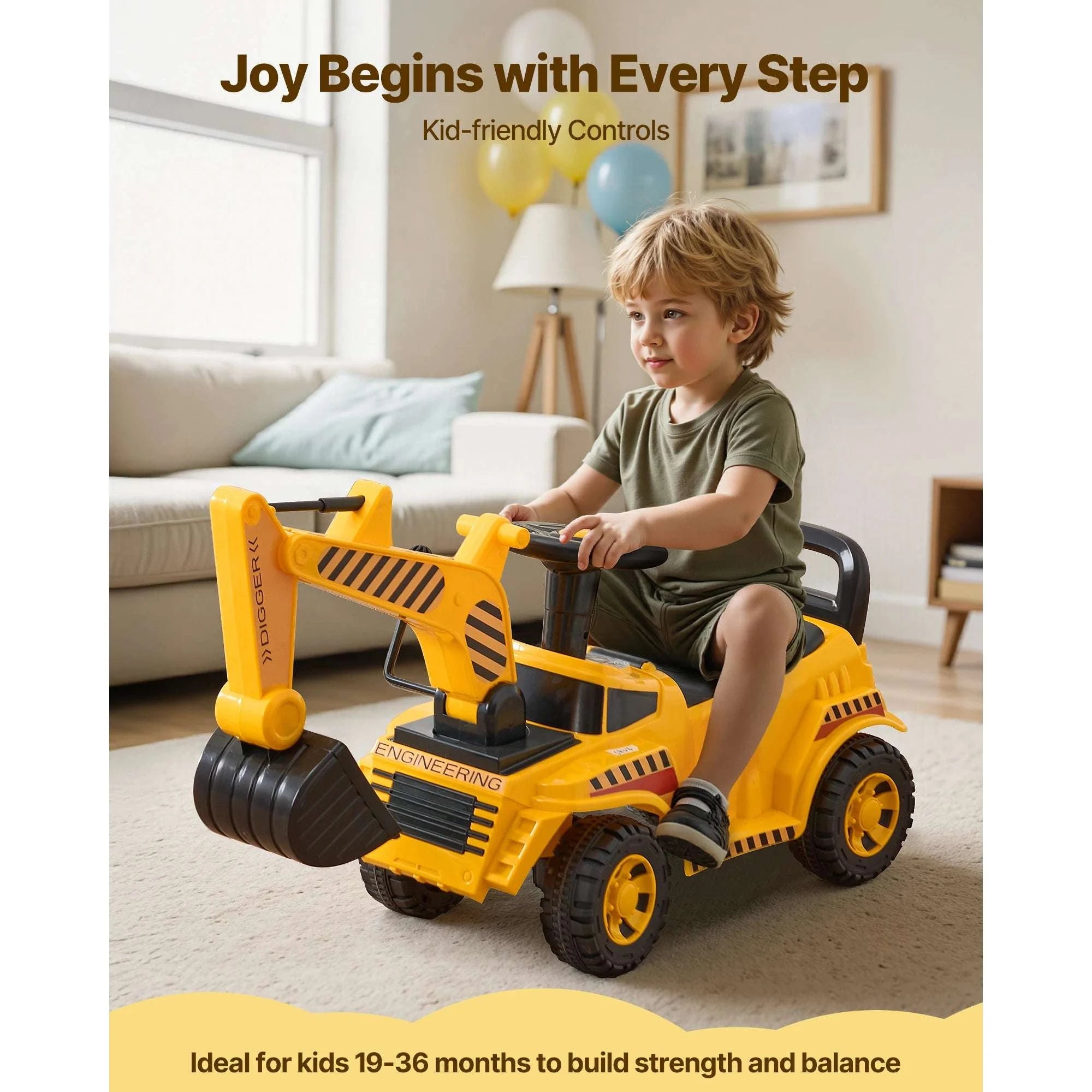 Kids Excavator Ride-On Toy with Music & Helmet Push Car-