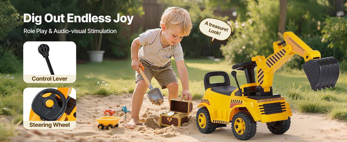 Kids Excavator Ride-On Toy with Music & Helmet Push Car-Yellow / United States