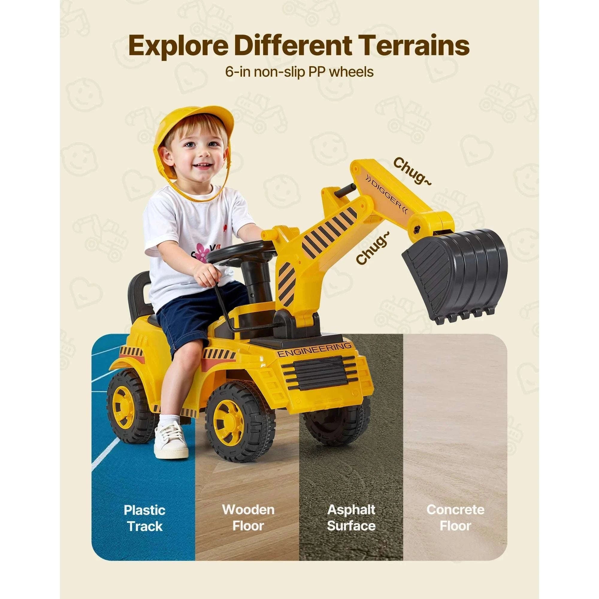 Kids Excavator Ride-On Toy with Music & Helmet Push Car-Yellow / United States