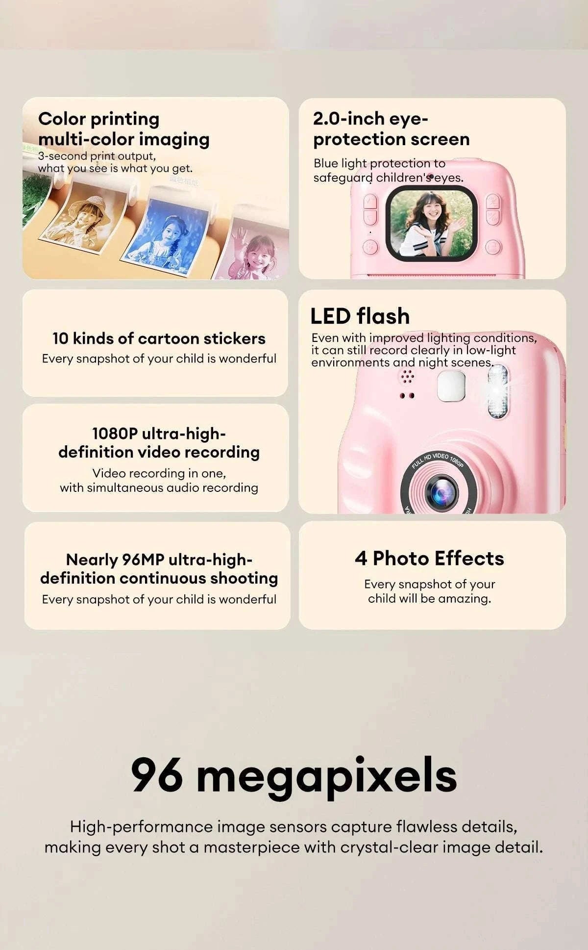 Kids Instant Print Camera 1080P Dual Lens with 32GB Card-Pink