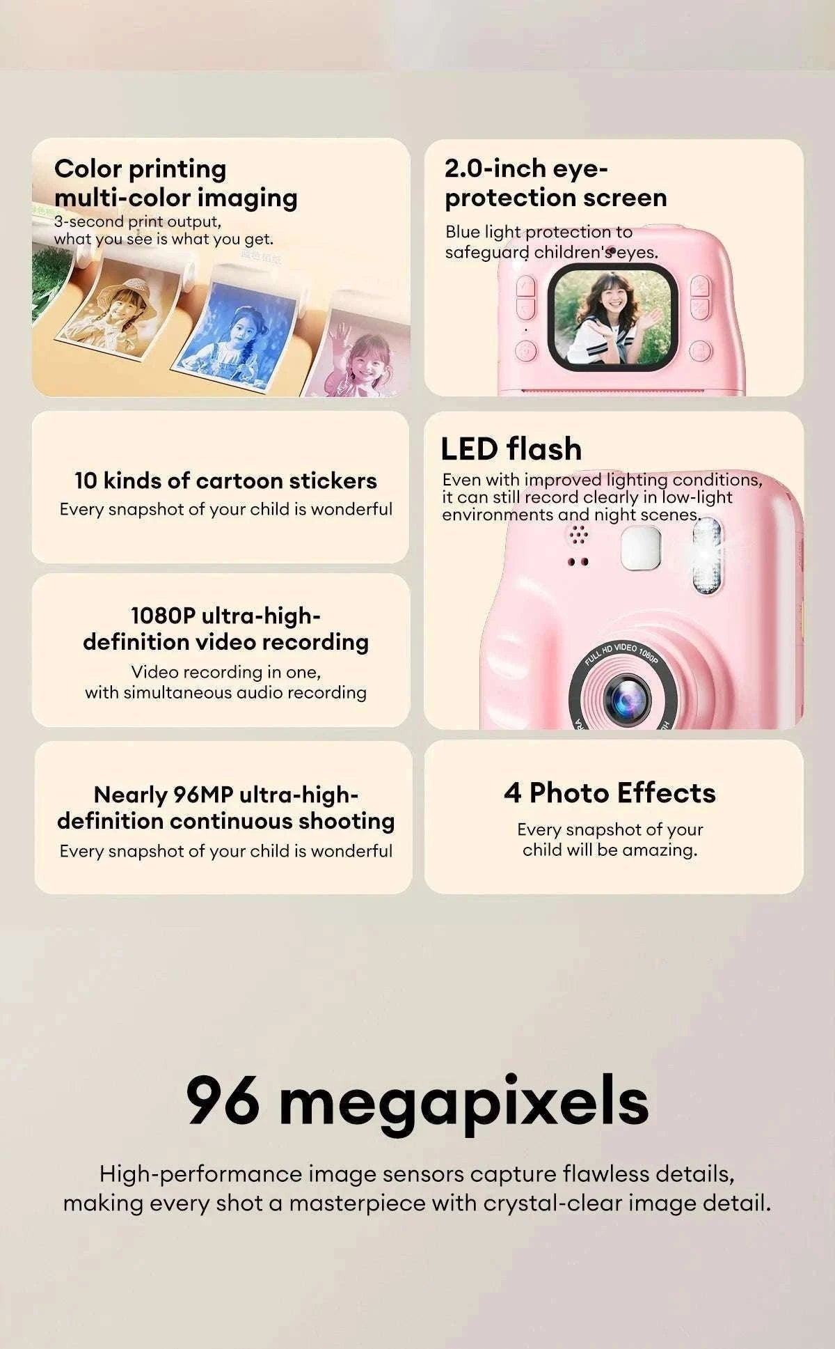 Kids Instant Print Camera 1080P Dual Lens with 32GB Card-Pink