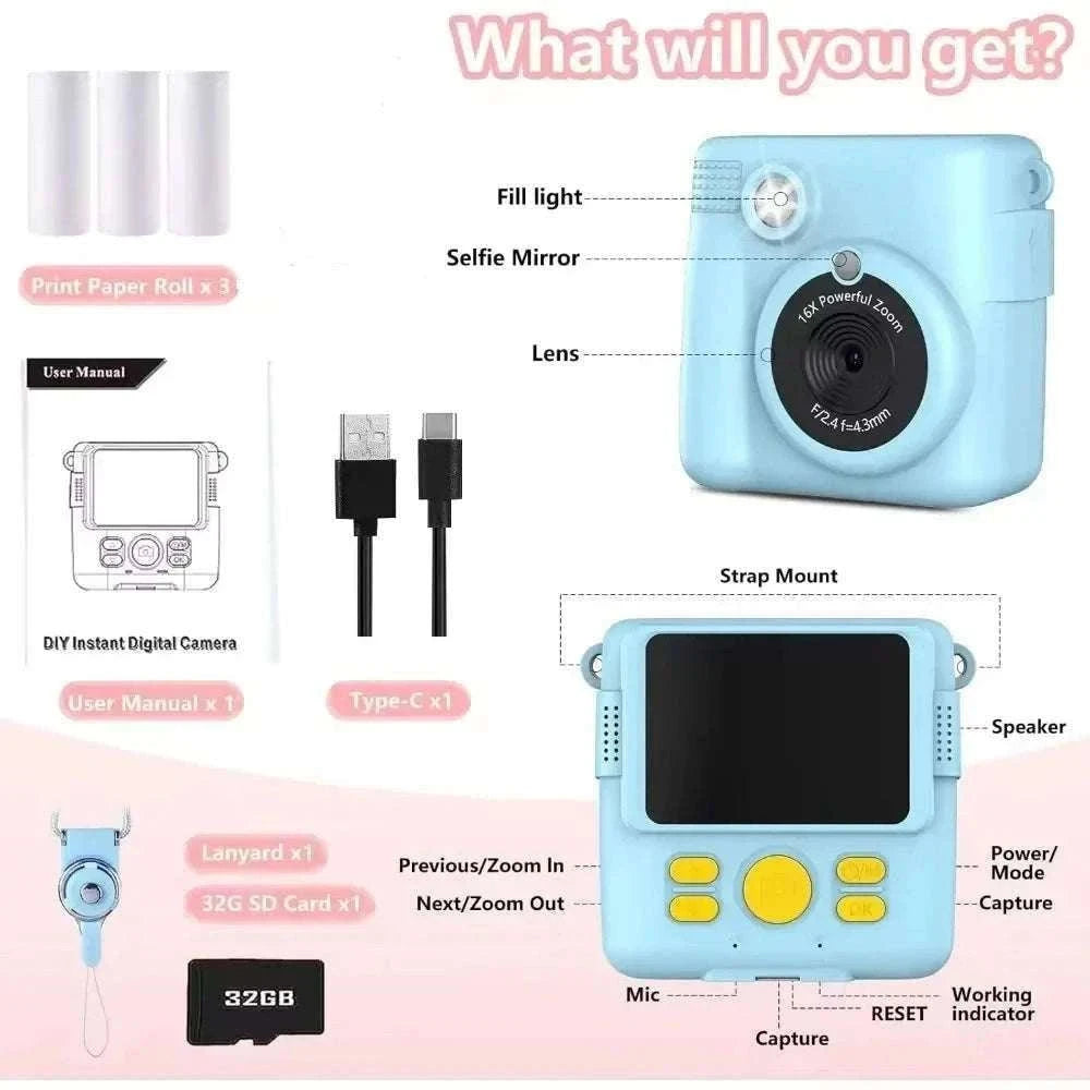Kids Instant Print Camera with 1080P Video and 32GB Card-ABS681-Blue 32G