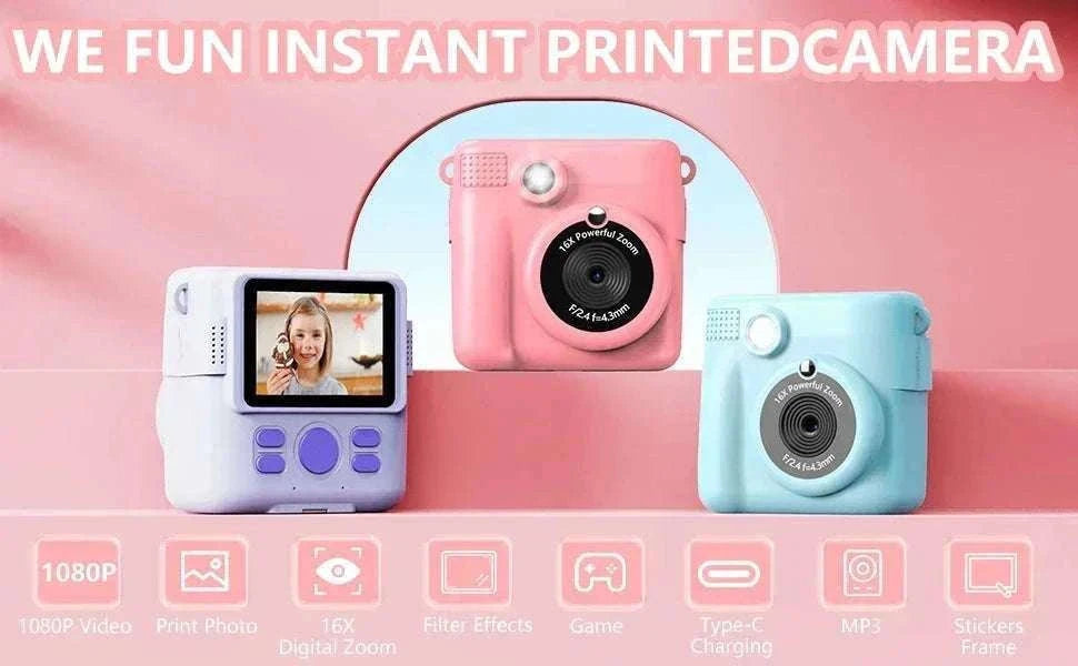Kids Instant Print Camera with 1080P Video and 32GB Card-ABS681-Blue 32G