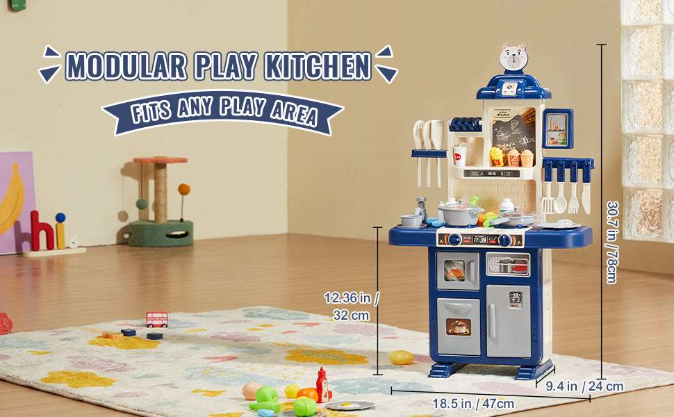 Kids Kitchen Playset 48PCS Pretend Cooking Toy with Lights & Water Sink-blue / United States
