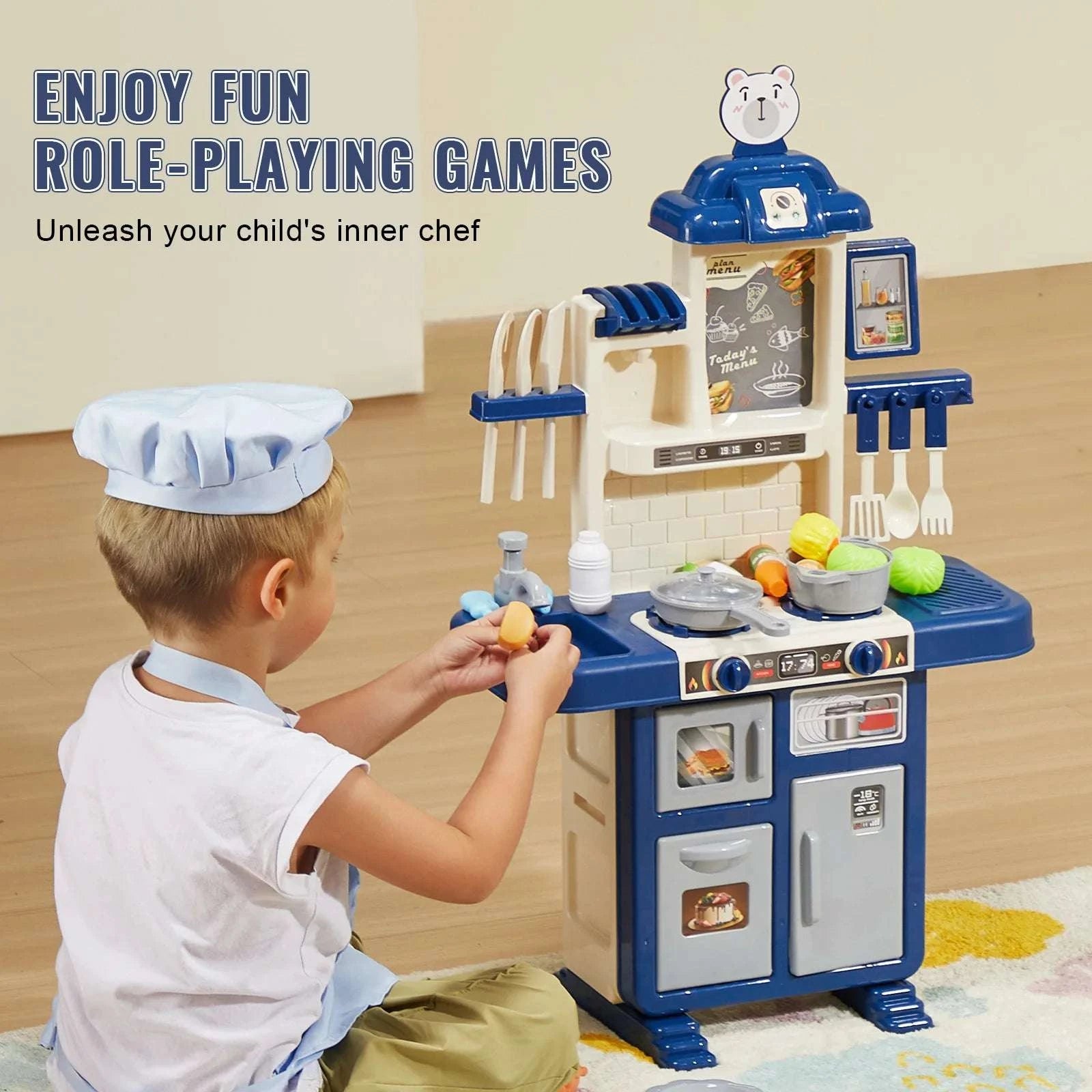 Kids Kitchen Playset 48PCS Pretend Cooking Toy with Lights & Water Sink-blue / United States