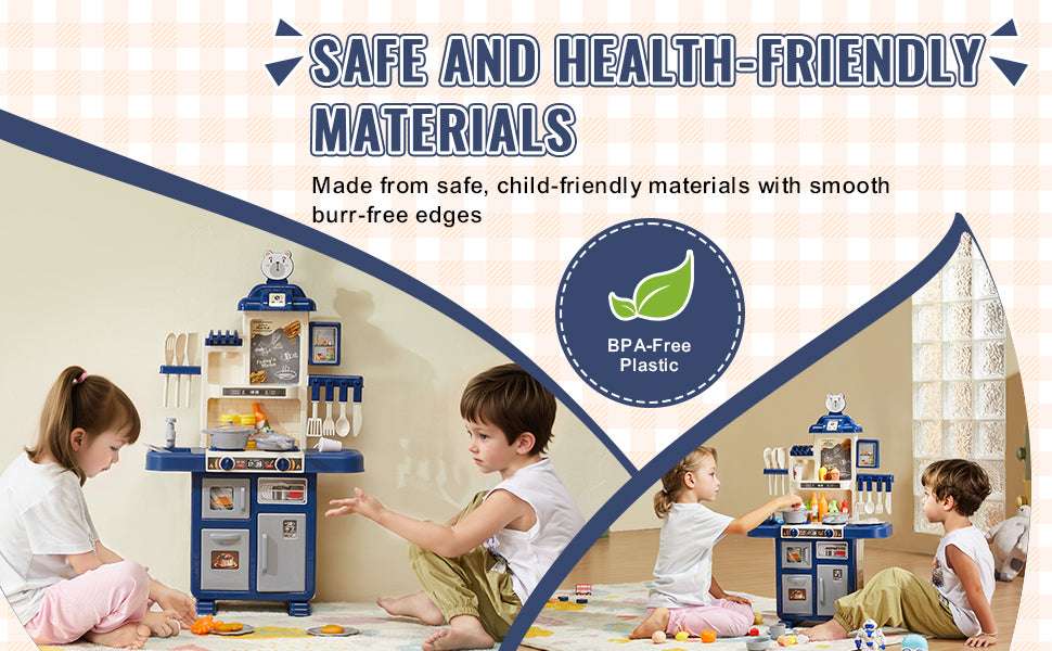 Kids Kitchen Playset 48PCS Pretend Cooking Toy with Lights & Water Sink-blue / United States
