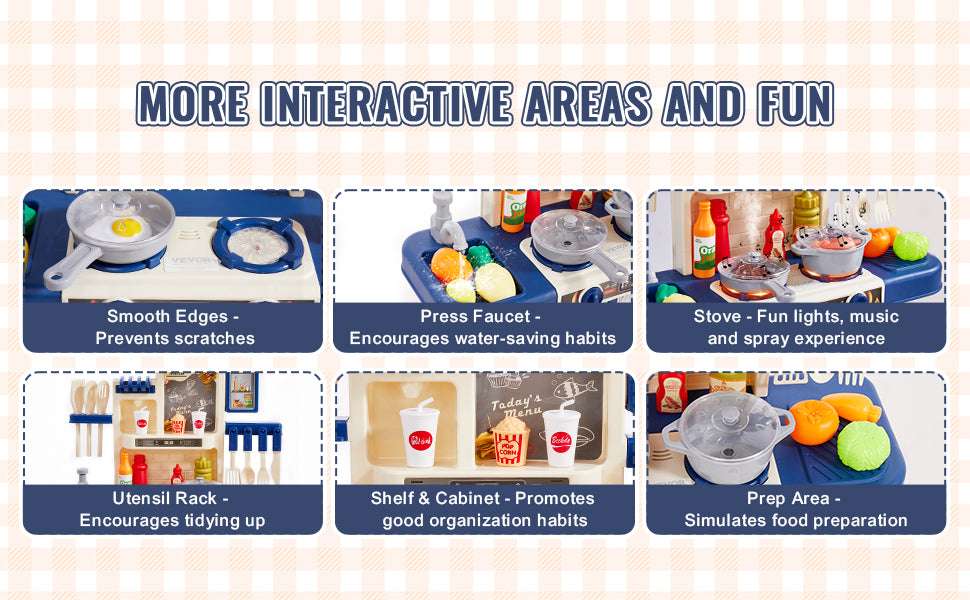 Kids Kitchen Playset 48PCS Pretend Cooking Toy with Lights & Water Sink-blue / United States