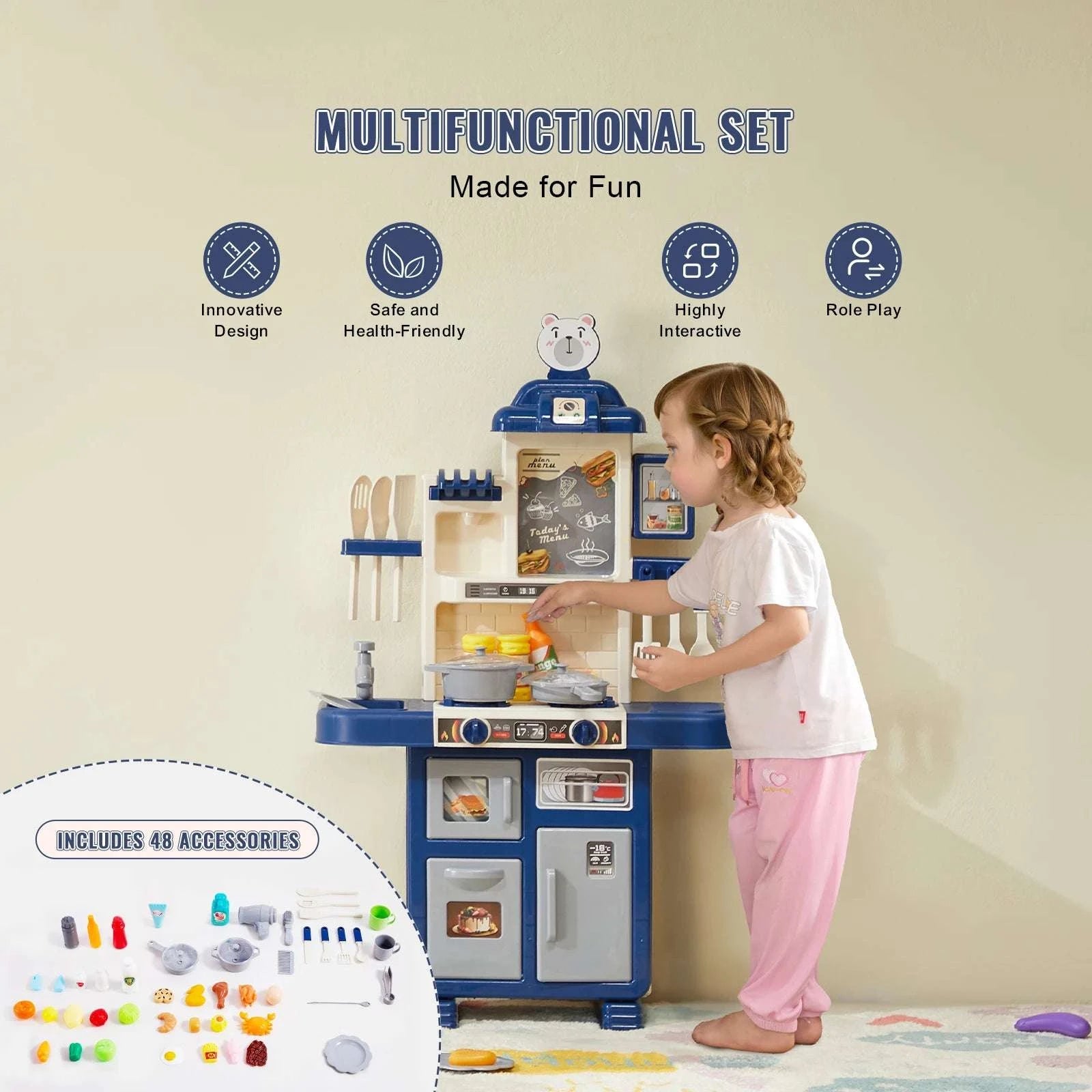 Kids Kitchen Playset 48PCS Pretend Cooking Toy with Lights & Water Sink-blue / United States