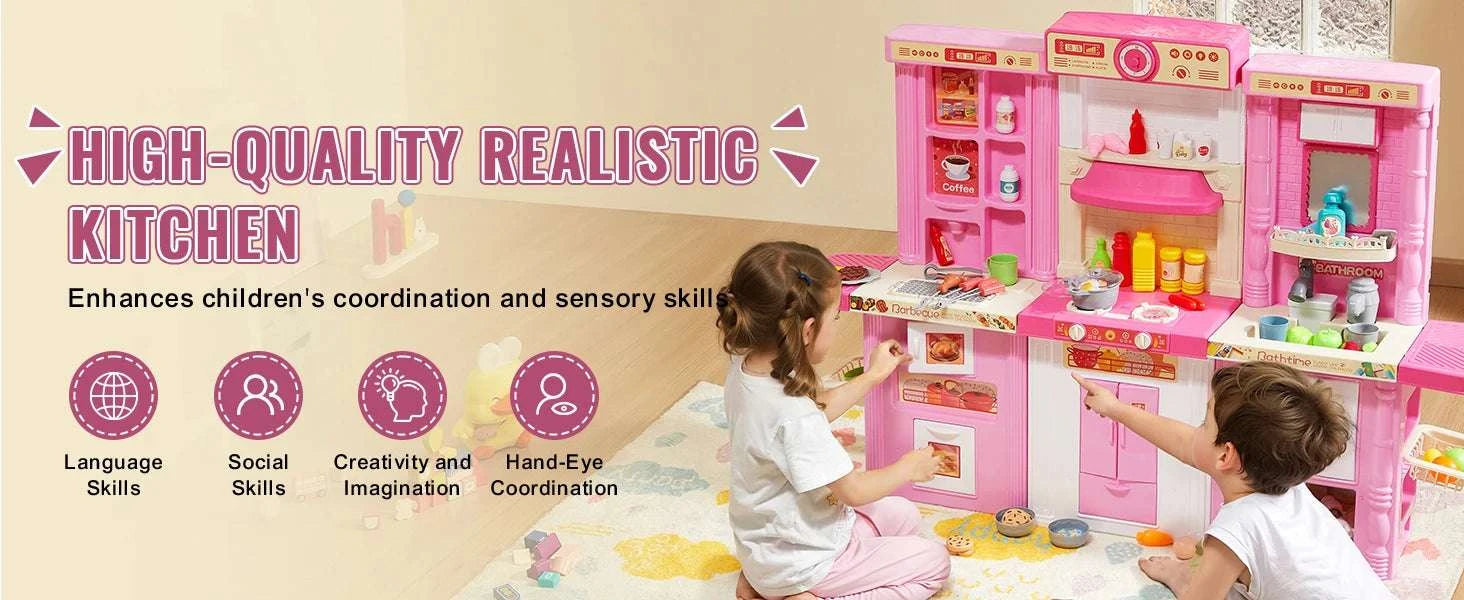 Kids Kitchen Playset 74PCS with Lights & Sounds 3-in-1 Chef Toy Set-Blue / United States