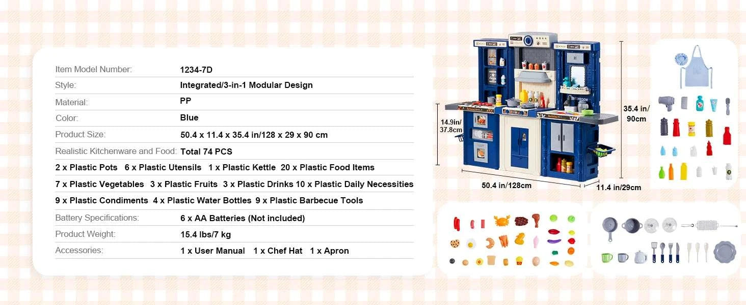 Kids Kitchen Playset 74PCS with Lights & Sounds 3-in-1 Chef Toy Set-Blue / United States