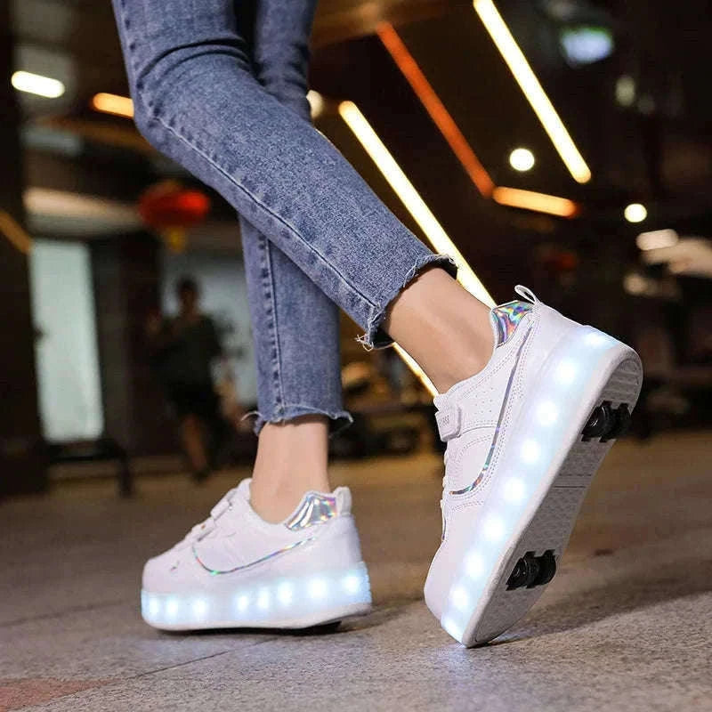Kids LED Roller Skate Shoes with 4 Wheels Light Up Sneakers-LB-2988-White / 30