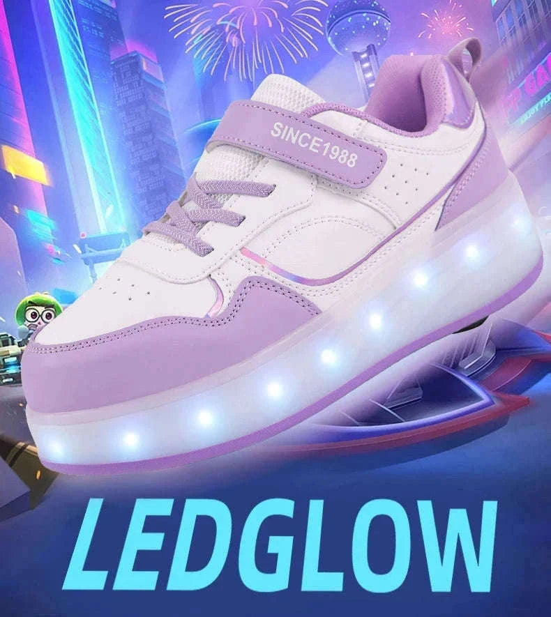 Kids LED Roller Skate Shoes with 4 Wheels Light Up Sneakers-LB-2988-White / 30