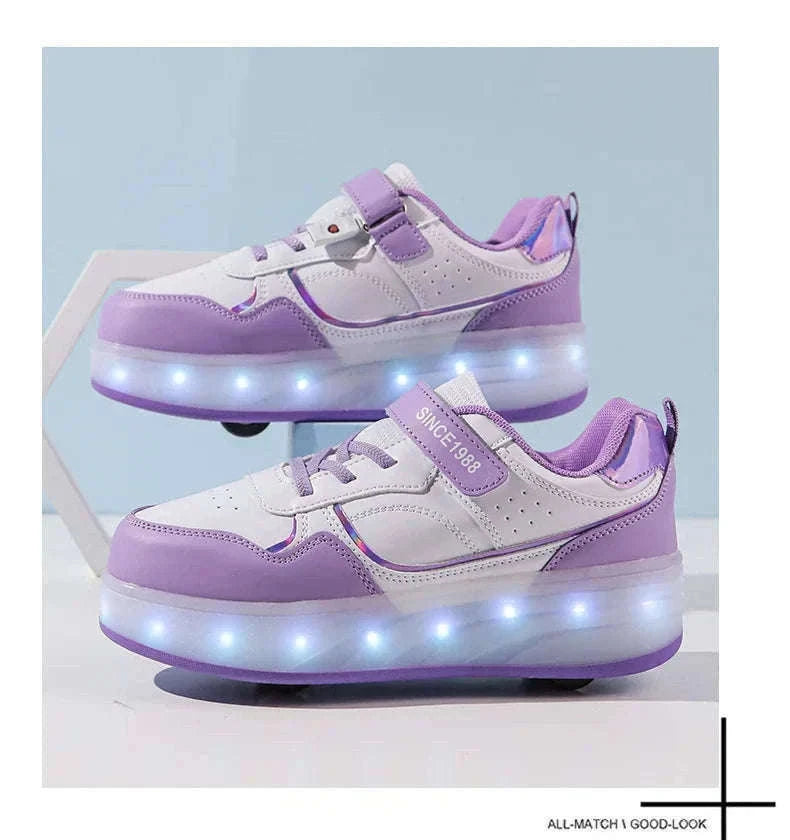 Kids LED Roller Skate Shoes with 4 Wheels Light Up Sneakers-LB-2988-White / 30