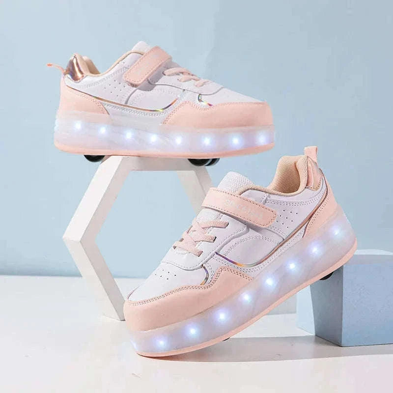Kids LED Roller Skate Shoes with 4 Wheels Light Up Sneakers-LB-2988-White / 30