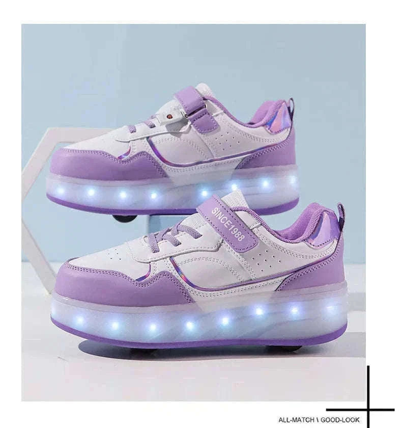 Kids LED Roller Skate Shoes with 4 Wheels Light Up Sneakers-LB-2988-White / 30