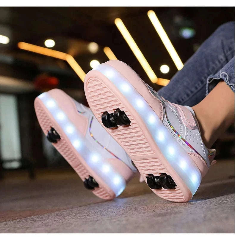 Kids LED Roller Skate Shoes with 4 Wheels Light Up Sneakers-LB-2988-White / 30