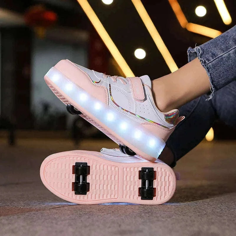 Kids LED Roller Skate Shoes with 4 Wheels Light Up Sneakers-LB-2988-White / 30