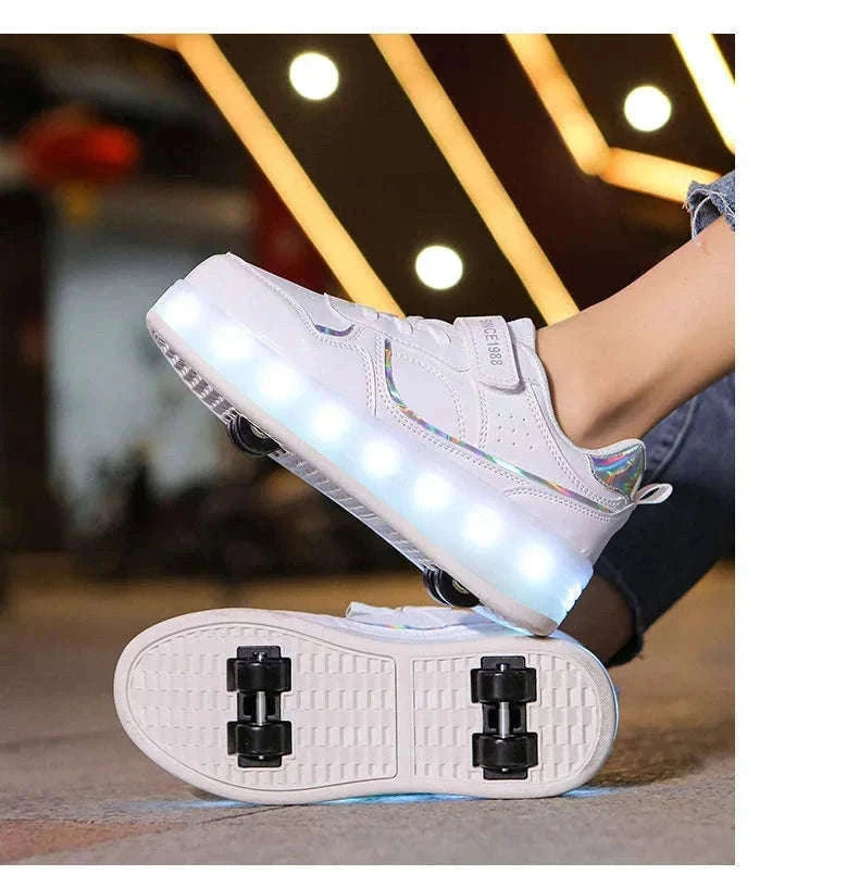 Kids LED Roller Skate Shoes with 4 Wheels Light Up Sneakers-LB-2988-White / 30