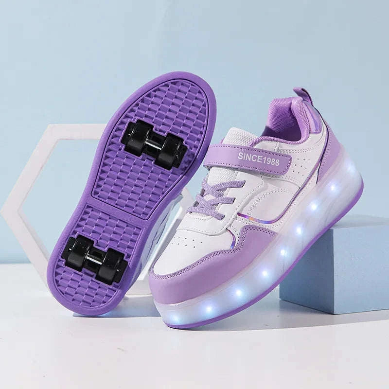Kids LED Roller Skate Shoes with 4 Wheels Light Up Sneakers-LB-2988-White / 32