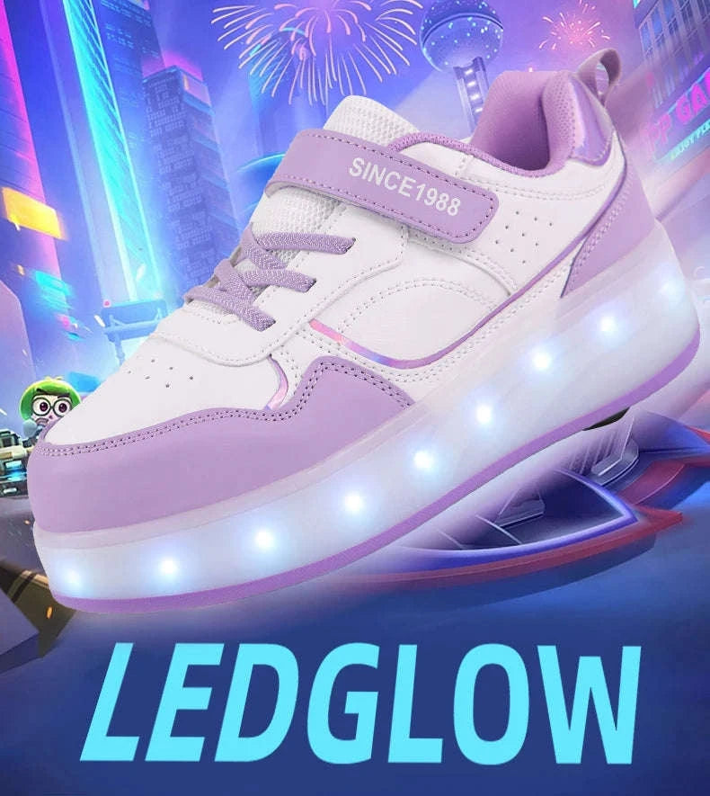 Kids LED Roller Skate Shoes with 4 Wheels Light Up Sneakers-LB-2988-White / 32