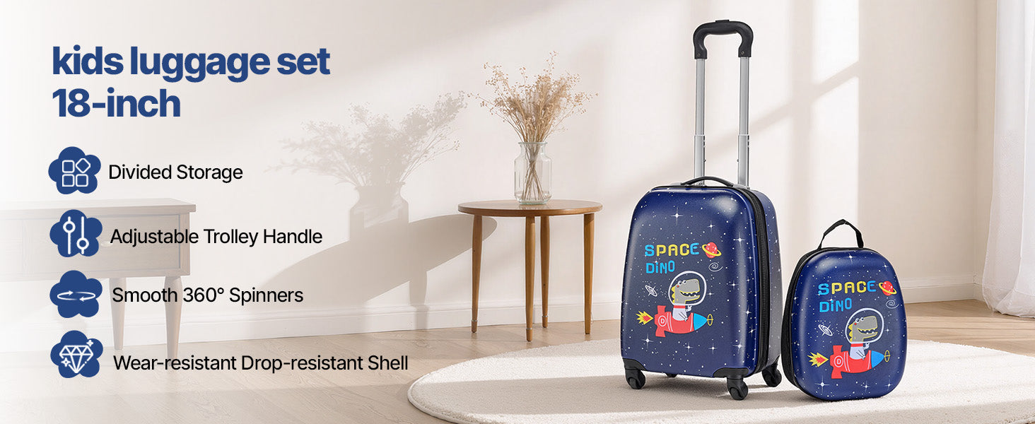 SucceBuy 2pcs Kids Luggage Set with Backpack 18in Rolling Wheels Suitcase Kids Carry on Luggage for Girls & Boys Travel Suitcase